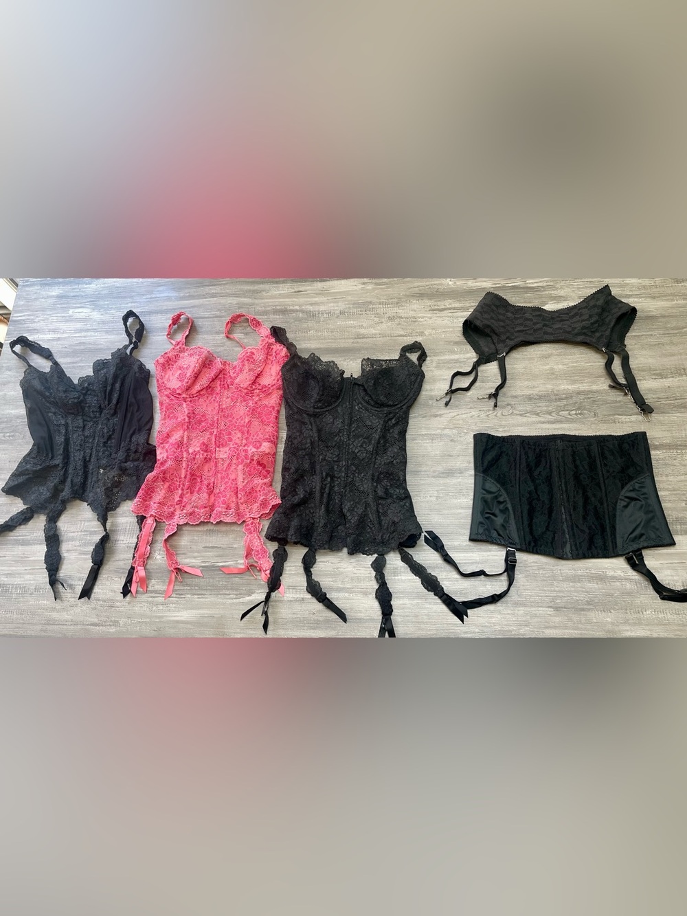Bundle of Vintage Victoria's Secret Lace Bustier Set in Black & Coral